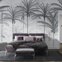 An architectural perspective of a spacious living room featuring the Rising Palms Mural in Pewter Grey as a full-scale feature wall. The mural’s vertical palm composition pairs elegantly with sleek stone surfaces and polished metal accents, creating an airy and sophisticated interior sanctuary.