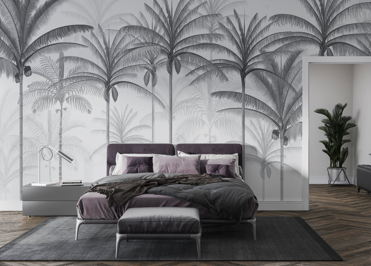 An architectural perspective of a spacious living room featuring the Rising Palms Mural in Pewter Grey as a full-scale feature wall. The mural’s vertical palm composition pairs elegantly with sleek stone surfaces and polished metal accents, creating an airy and sophisticated interior sanctuary.