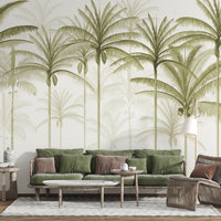 An architectural perspective of a spacious living room featuring the Rising Palms Mural in Smoky Olive as a full-scale feature wall. The mural’s vertical palm composition pairs elegantly with natural wood flooring and contemporary furniture, creating an airy and sophisticated interior sanctuary.