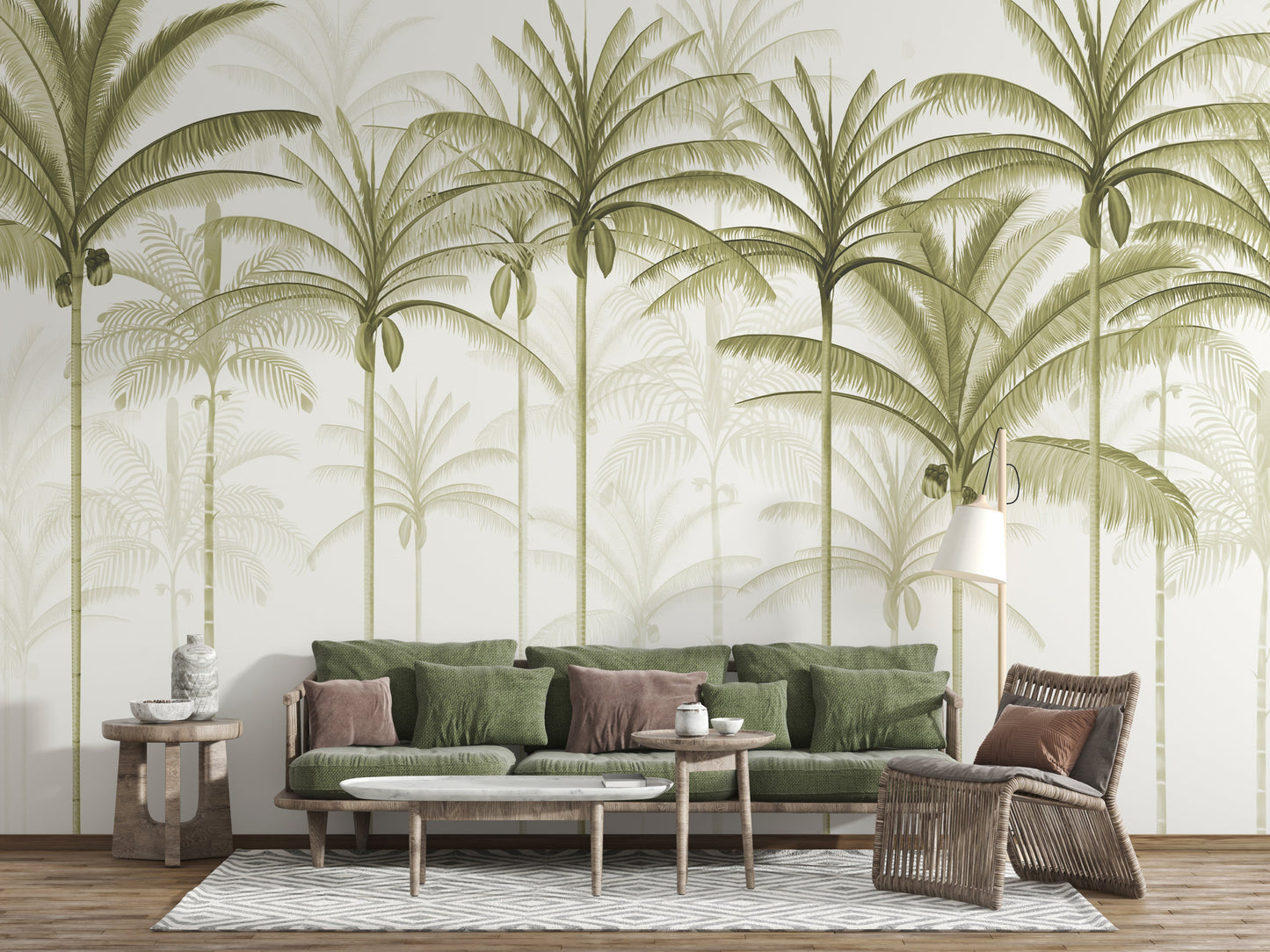 An architectural perspective of a spacious living room featuring the Rising Palms Mural in Smoky Olive as a full-scale feature wall. The mural’s vertical palm composition pairs elegantly with natural wood flooring and contemporary furniture, creating an airy and sophisticated interior sanctuary.