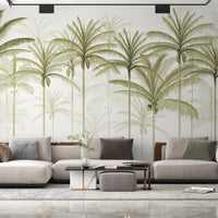 An architectural perspective of a spacious living room featuring the Rising Palms Mural in Smoky Olive as a full-scale feature wall. The mural’s vertical palm composition pairs elegantly with natural wood flooring and contemporary furniture, creating an airy and sophisticated interior sanctuary.
