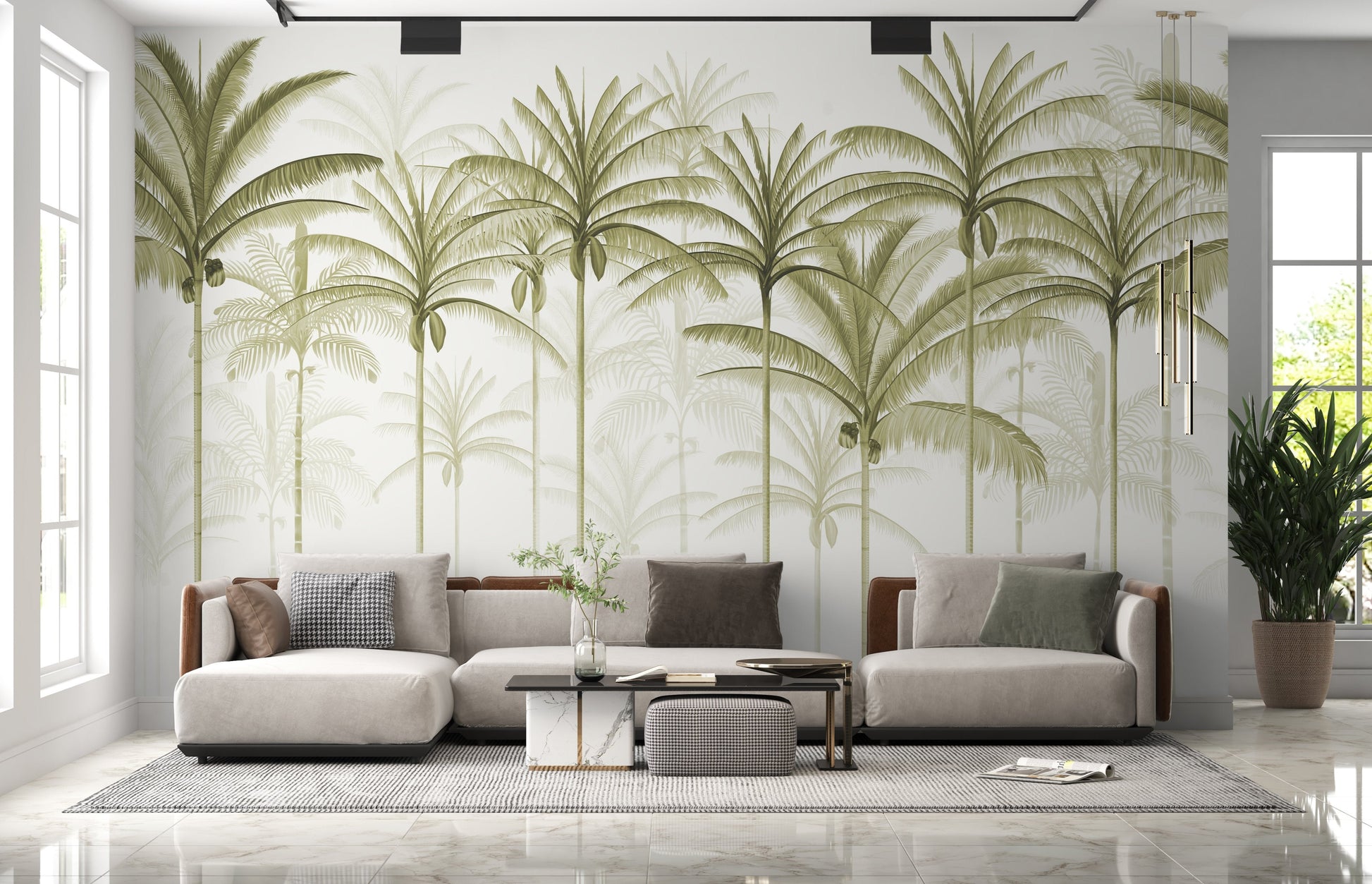 An architectural perspective of a spacious living room featuring the Rising Palms Mural in Smoky Olive as a full-scale feature wall. The mural’s vertical palm composition pairs elegantly with natural wood flooring and contemporary furniture, creating an airy and sophisticated interior sanctuary.