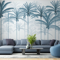 An architectural perspective of a spacious living room featuring the Rising Palms Mural in Turquoise Dream as a full-scale feature wall. The mural’s vertical palm composition pairs elegantly with crisp white furniture and light-filled spaces, creating an airy and sophisticated interior sanctuary.