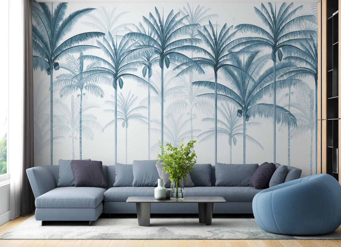 An architectural perspective of a spacious living room featuring the Rising Palms Mural in Turquoise Dream as a full-scale feature wall. The mural’s vertical palm composition pairs elegantly with crisp white furniture and light-filled spaces, creating an airy and sophisticated interior sanctuary.