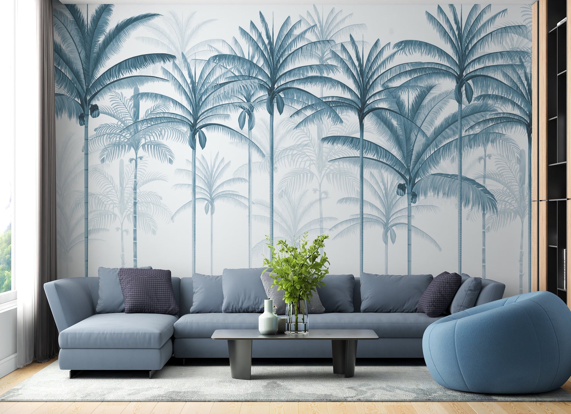 An architectural perspective of a spacious living room featuring the Rising Palms Mural in Turquoise Dream as a full-scale feature wall. The mural’s vertical palm composition pairs elegantly with crisp white furniture and light-filled spaces, creating an airy and sophisticated interior sanctuary.
