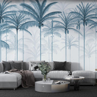 An architectural perspective of a spacious living room featuring the Rising Palms Mural in Turquoise Dream as a full-scale feature wall. The mural’s vertical palm composition pairs elegantly with crisp white furniture and light-filled spaces, creating an airy and sophisticated interior sanctuary.