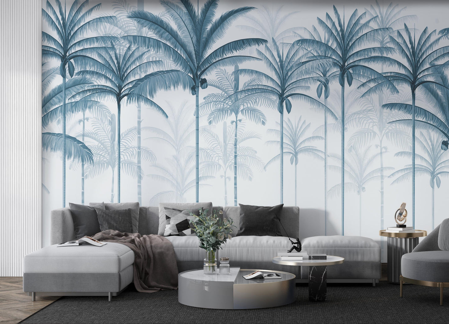 An architectural perspective of a spacious living room featuring the Rising Palms Mural in Turquoise Dream as a full-scale feature wall. The mural’s vertical palm composition pairs elegantly with crisp white furniture and light-filled spaces, creating an airy and sophisticated interior sanctuary.