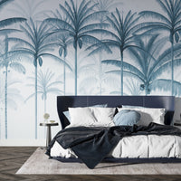 An architectural perspective of a spacious living room featuring the Rising Palms Mural in Turquoise Dream as a full-scale feature wall. The mural’s vertical palm composition pairs elegantly with crisp white furniture and light-filled spaces, creating an airy and sophisticated interior sanctuary.