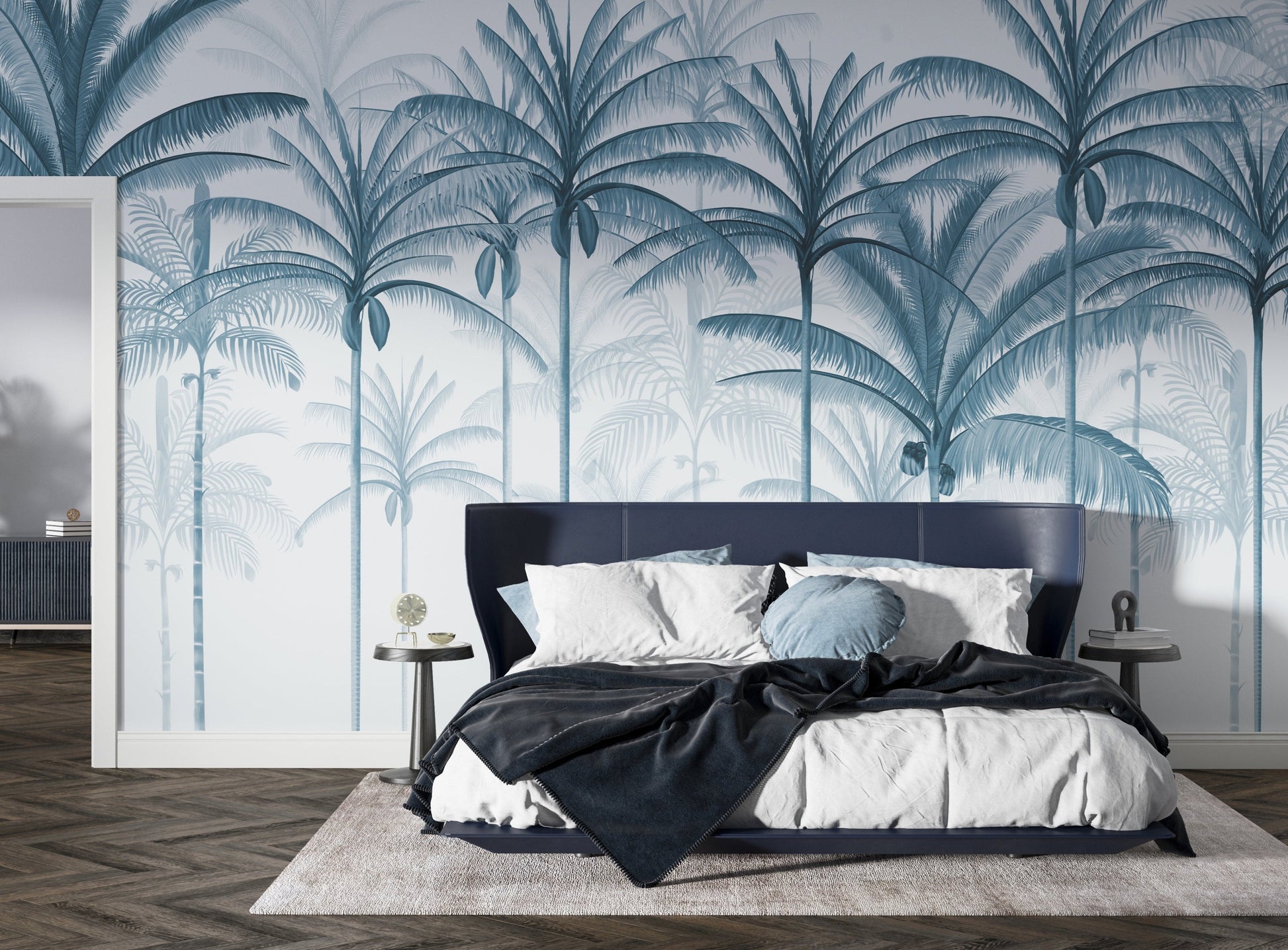 An architectural perspective of a spacious living room featuring the Rising Palms Mural in Turquoise Dream as a full-scale feature wall. The mural’s vertical palm composition pairs elegantly with crisp white furniture and light-filled spaces, creating an airy and sophisticated interior sanctuary.