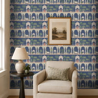 Royal Courtyard Reverie Wallpaper in Royal Indigo featuring elegant Indian palace arches, domed pavilions, lush palm trees, and heritage-inspired botanical motifs, creating a luxurious wall mural for living rooms, bedrooms, hallways, and statement interiors.  