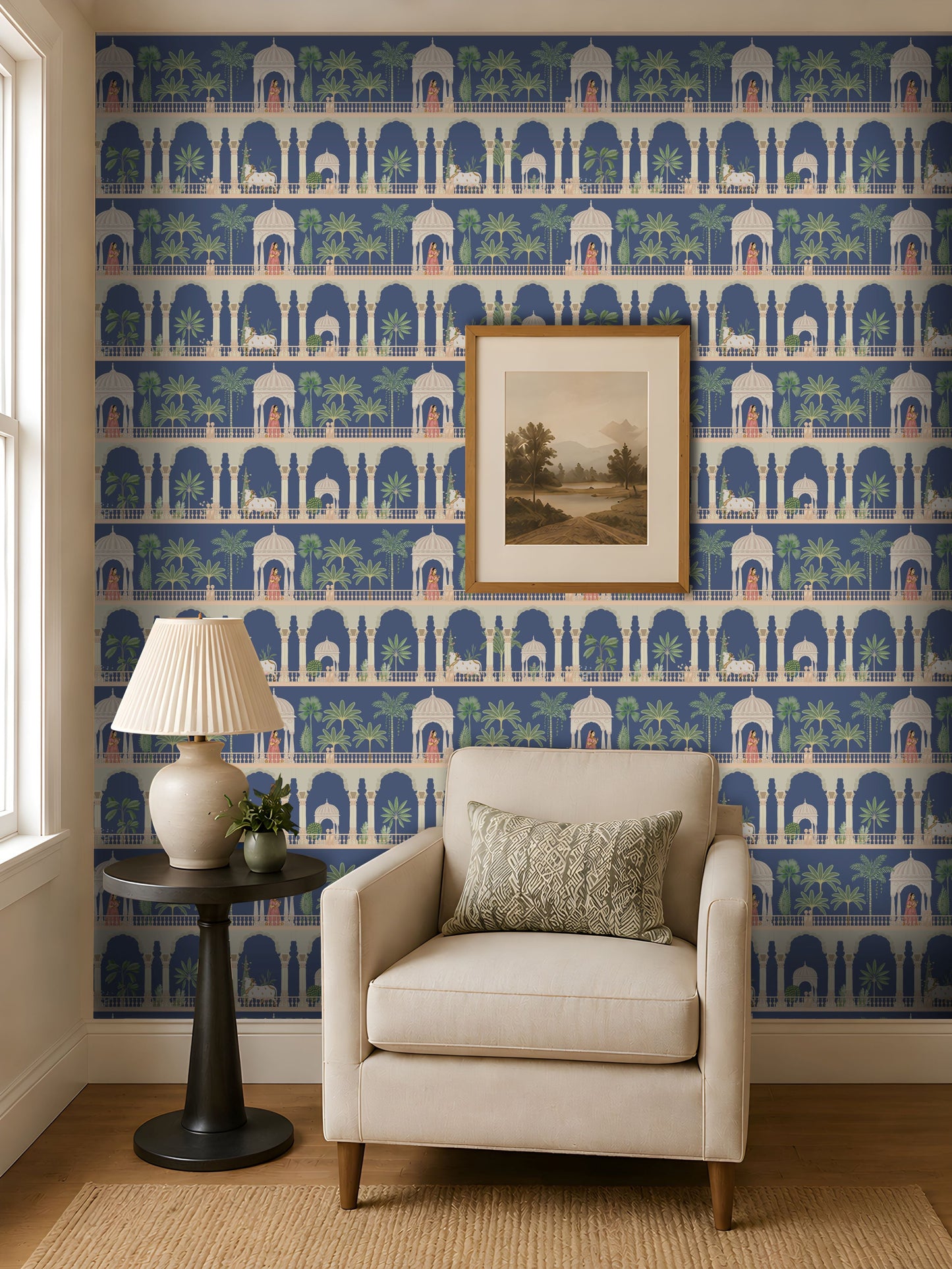 Royal Courtyard Reverie Wallpaper in Royal Indigo featuring elegant Indian palace arches, domed pavilions, lush palm trees, and heritage-inspired botanical motifs, creating a luxurious wall mural for living rooms, bedrooms, hallways, and statement interiors.  