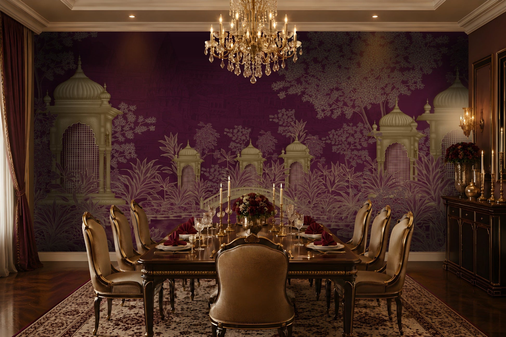 Royal Garden Heritage Wallpaper in luxury purple featuring Mughal-inspired pavilions, lush botanical gardens, an arched bridge, and intricate gold detailing, styled as an elegant dining room wall mural.
