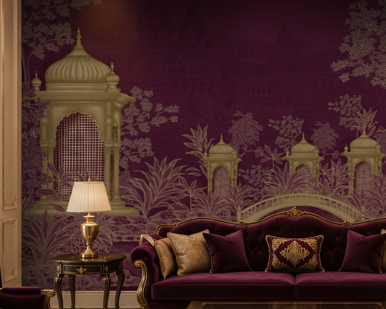 A luxurious living room scene featuring a deep purple velvet sofa with decorative pillows, set against a matching purple wall with a detailed white and gold architectural mural of domes and bridges. A gold table lamp sits on a dark wood side table next to the sofa.