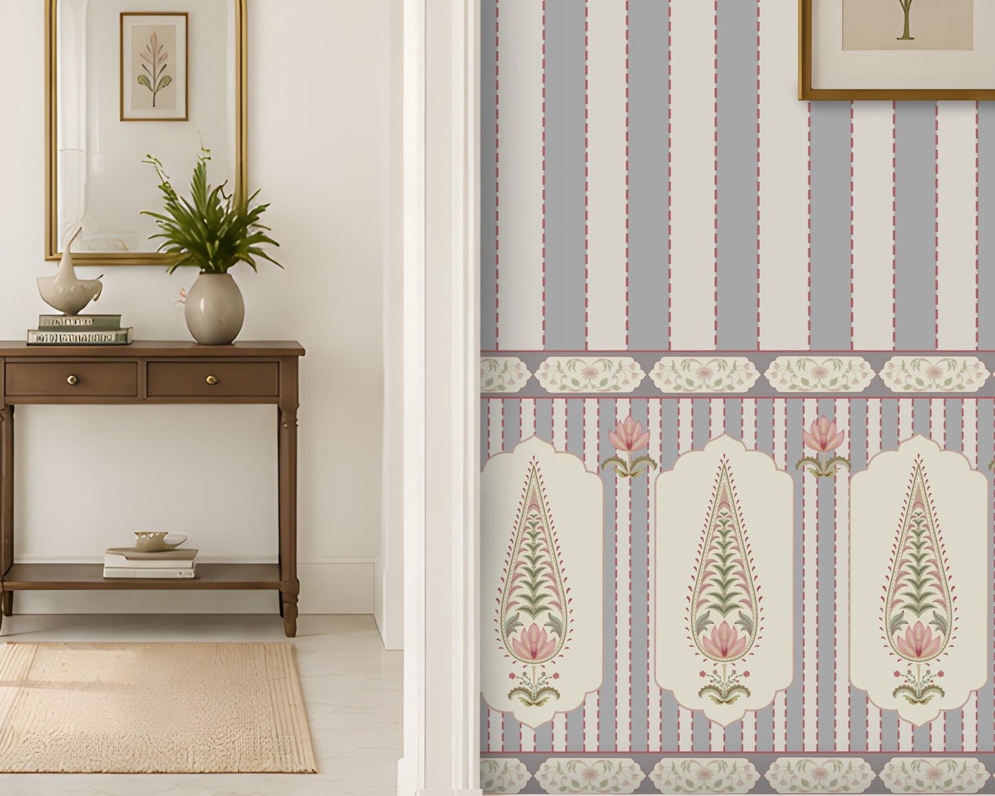 A beautifully styled interior hallway featuring light blue and white vertical striped wallpaper with a decorative border, white walls, a beige woven rug, a potted plant, and an arched doorway in the background.