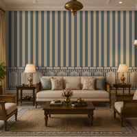 Elegant sage-blue and ivory striped Indian-inspired wall mural in a luxurious traditional living room with classic wooden furniture and brass accents.