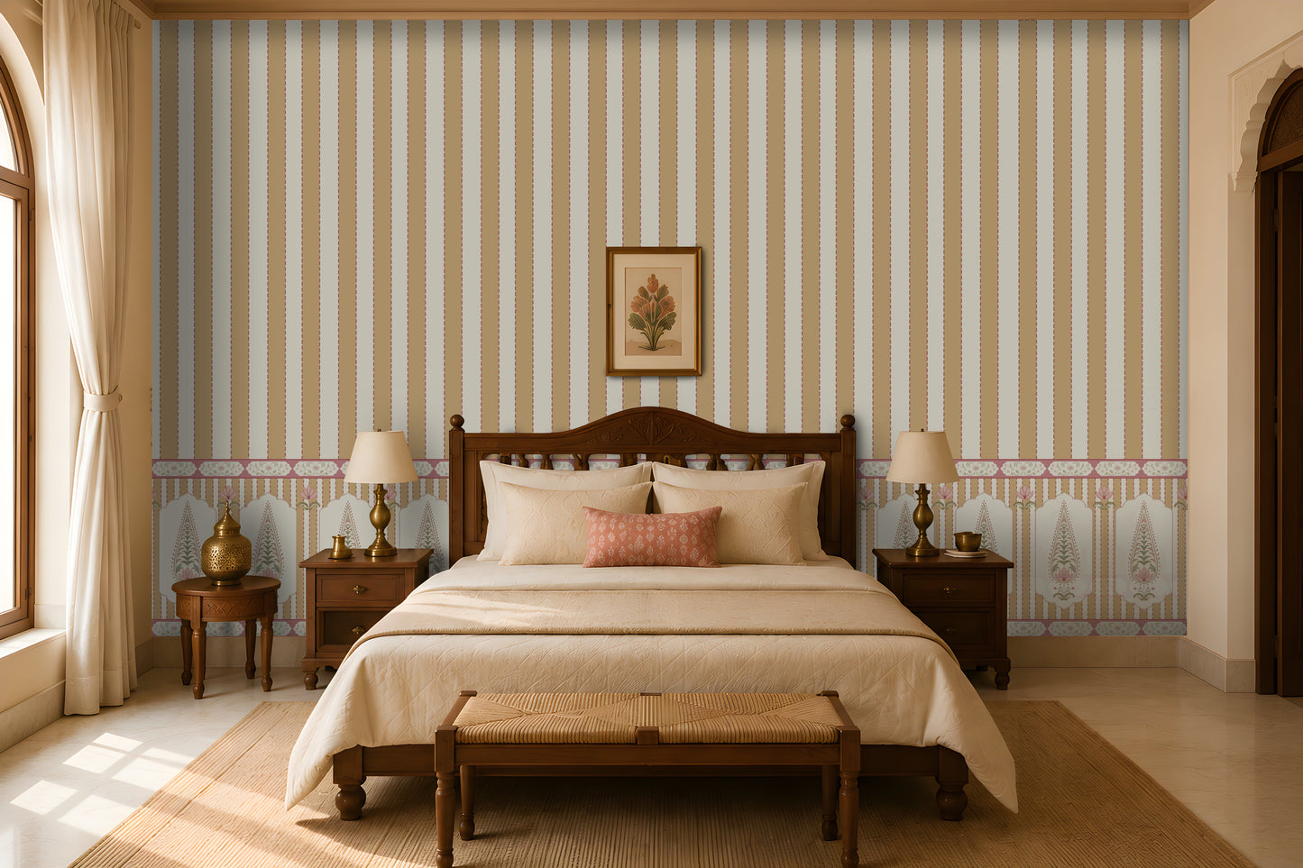 Warm, traditional bedroom featuring a carved dark-wood bed with cream bedding, a patterned coral accent pillow, matching bedside tables and lamps, a woven bench at the foot of the bed, striped and floral wallpaper, and tall curtained windows.
