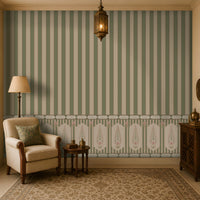 Royal heritage striped wall mural in sage green and ivory, featuring elegant Indian-inspired patterns in a luxurious traditional living room.
