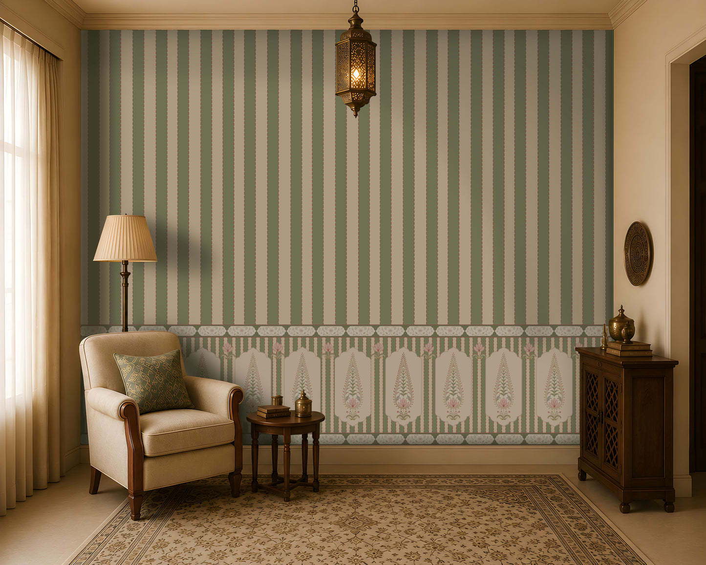 Royal heritage striped wall mural in sage green and ivory, featuring elegant Indian-inspired patterns in a luxurious traditional living room.
