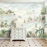 Bright, airy room with a large panoramic wallpaper mural depicting a dreamy pastel landscape. The mural features rolling misty mountains, tropical plants, flowering trees, peacocks, flamingos, cranes, and small figures in ornate gardens and palace settings. A white vintage-style dresser with a decorative lamp sits against the wall, while tall windows on the right let in natural light. The floor is tiled in cream marble with small black diamond accents