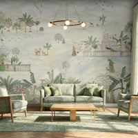 1334_DA Royal Vrindavan Landscape Pichwai Wallpaper Mural, Soft Pastel Sage Green and Beige Heritage Palace Garden Design Sample