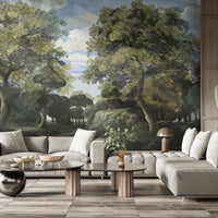 An architectural perspective of a high-end contemporary living room featuring the Rural Retreat Mural as a full-scale feature wall. The mural’s expansive scenic vista pairs elegantly with neutral modular seating and natural wood finishes, creating a peaceful and cultured interior sanctuary.