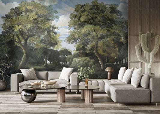 An architectural perspective of a high-end contemporary living room featuring the Rural Retreat Mural as a full-scale feature wall. The mural’s expansive scenic vista pairs elegantly with neutral modular seating and natural wood finishes, creating a peaceful and cultured interior sanctuary.
