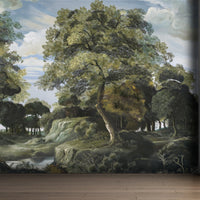 An architectural perspective of a high-end contemporary living room featuring the Rural Retreat Mural as a full-scale feature wall. The mural’s expansive scenic vista pairs elegantly with neutral modular seating and natural wood finishes, creating a peaceful and cultured interior sanctuary.