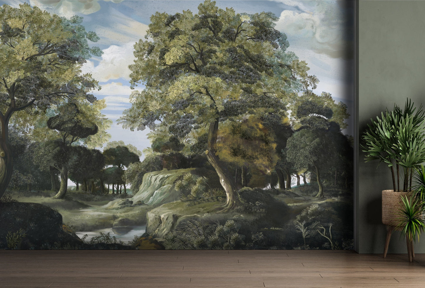 An architectural perspective of a high-end contemporary living room featuring the Rural Retreat Mural as a full-scale feature wall. The mural’s expansive scenic vista pairs elegantly with neutral modular seating and natural wood finishes, creating a peaceful and cultured interior sanctuary.