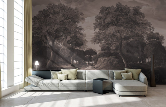 An architectural perspective of a high-end contemporary living room featuring the Rural Retreat Mural in Organic as a full-scale feature wall. The mural’s expansive scenic vista pairs elegantly with neutral modular seating and natural wood finishes, creating a peaceful and cultured interior sanctuary.
