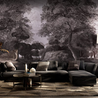 An architectural perspective of a high-end contemporary lounge featuring the Rural Retreat Mural in Velvet Black as a full-scale feature wall. The mural’s expansive scenic vista pairs elegantly with metallic accents and velvet upholstery, creating a peaceful and cultured interior sanctuary.