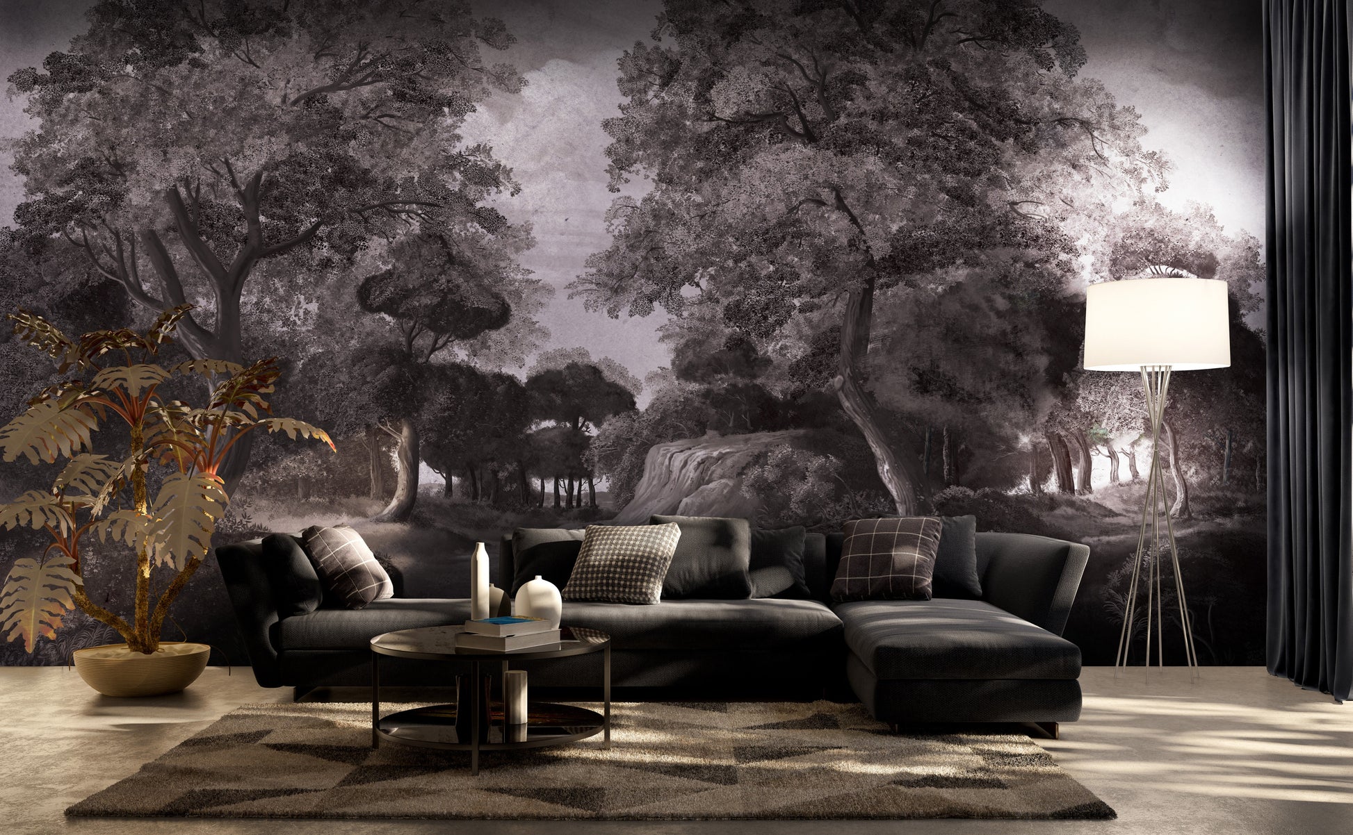An architectural perspective of a high-end contemporary lounge featuring the Rural Retreat Mural in Velvet Black as a full-scale feature wall. The mural’s expansive scenic vista pairs elegantly with metallic accents and velvet upholstery, creating a peaceful and cultured interior sanctuary.