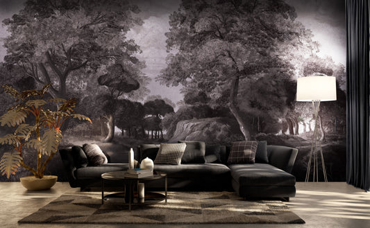 An architectural perspective of a high-end contemporary lounge featuring the Rural Retreat Mural in Velvet Black as a full-scale feature wall. The mural’s expansive scenic vista pairs elegantly with metallic accents and velvet upholstery, creating a peaceful and cultured interior sanctuary.