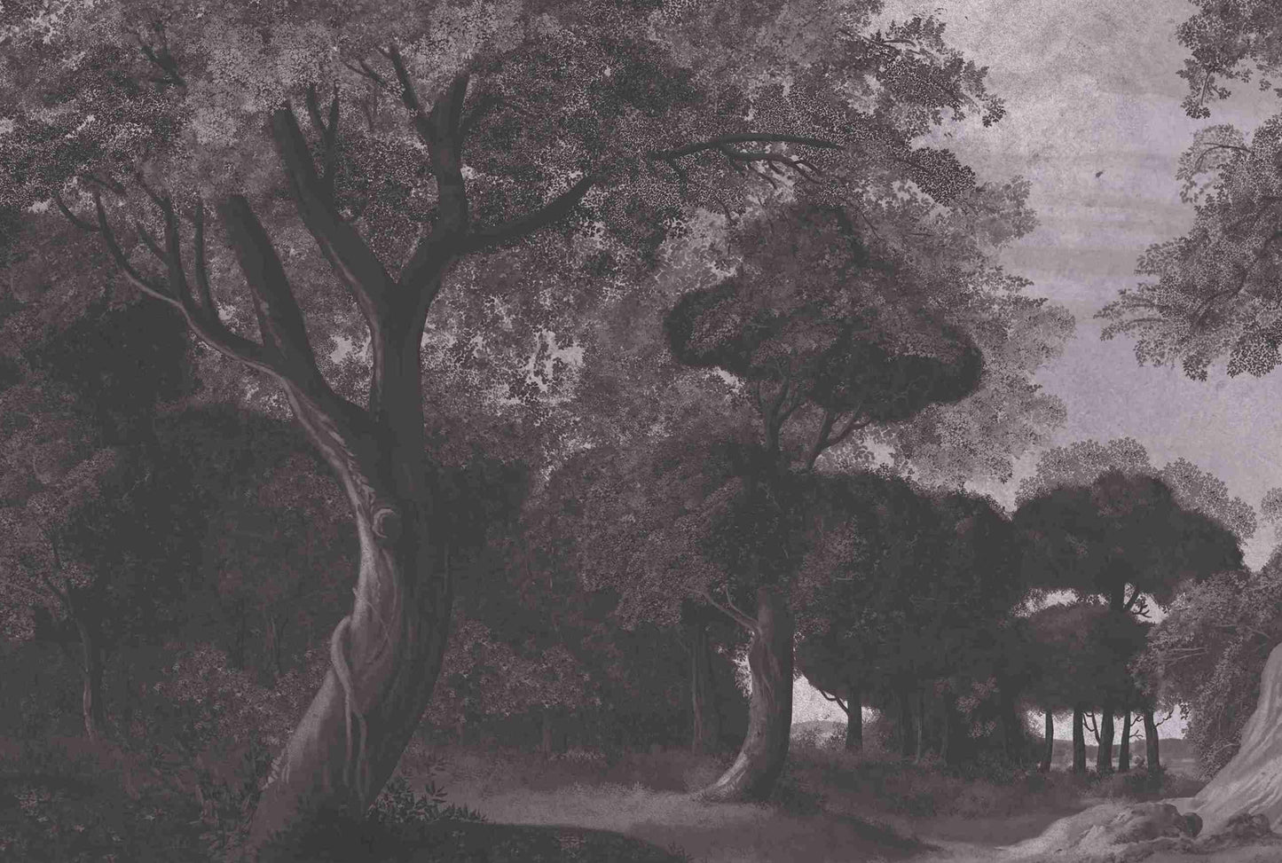 An architectural perspective of a high-end contemporary lounge featuring the Rural Retreat Mural in Velvet Black as a full-scale feature wall. The mural’s expansive scenic vista pairs elegantly with metallic accents and velvet upholstery, creating a peaceful and cultured interior sanctuary.