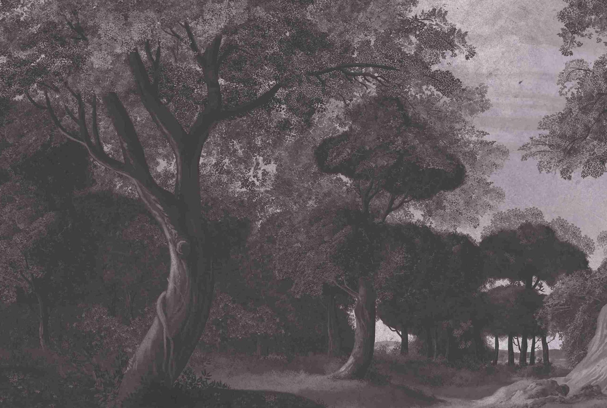 An architectural perspective of a high-end contemporary lounge featuring the Rural Retreat Mural in Velvet Black as a full-scale feature wall. The mural’s expansive scenic vista pairs elegantly with metallic accents and velvet upholstery, creating a peaceful and cultured interior sanctuary.