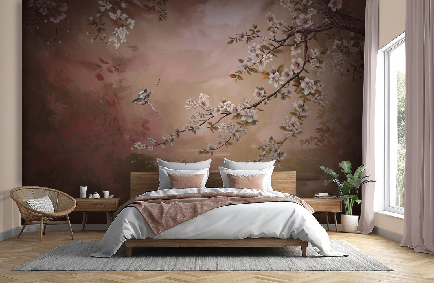 Bison brown botanical mural wallpaper with artistic foliage pattern in contemporary bedroom.