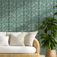 A high-resolution detail of the Floral Seamless Wallpaper in Sage Mist, showcasing the rhythmic, S-curve vine structure and delicate botanical sprigs. The image highlights the fine, hand-drawn illustrative style and the soothing, organic tones of the sage-green and pale cream palette.