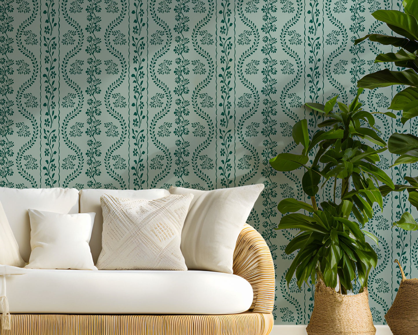 A high-resolution detail of the Floral Seamless Wallpaper in Sage Mist, showcasing the rhythmic, S-curve vine structure and delicate botanical sprigs. The image highlights the fine, hand-drawn illustrative style and the soothing, organic tones of the sage-green and pale cream palette.