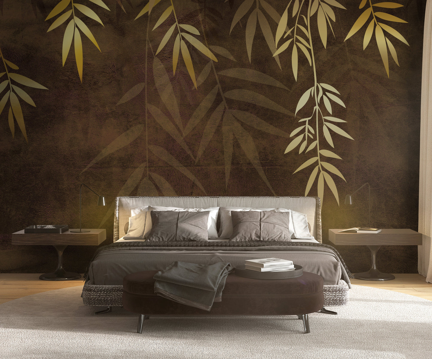 An architectural perspective of a contemporary lounge featuring the Sasa Leaves Mural in Bronze Brown as a full-scale feature wall. The mural’s warm, earthy tones pair elegantly with leather upholstery, natural wood flooring, and soft ambient lighting, creating a balanced and cultured interior sanctuary.