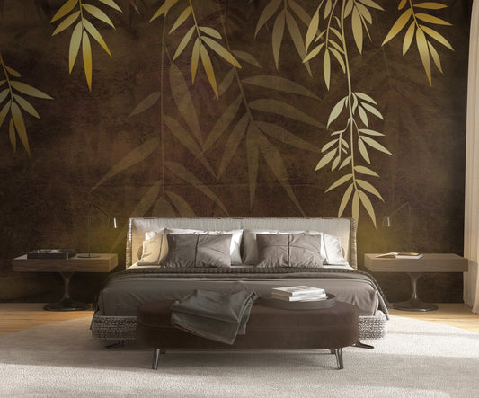 An architectural perspective of a contemporary lounge featuring the Sasa Leaves Mural in Bronze Brown as a full-scale feature wall. The mural’s warm, earthy tones pair elegantly with leather upholstery, natural wood flooring, and soft ambient lighting, creating a balanced and cultured interior sanctuary.