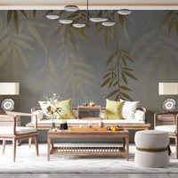 An architectural perspective of a bright contemporary lounge featuring the Sasa Leaves Mural in Chalk Gray as a full-scale feature wall. The mural’s neutral, monochromatic tones pair elegantly with light oak furniture, white linen textiles, and minimalist black metal accents, creating a balanced and cultured interior sanctuary.