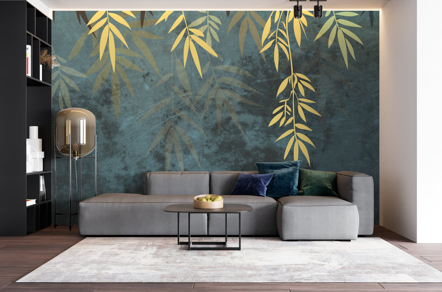 An architectural perspective of a contemporary lounge featuring the Sasa Leaves Mural in Evergreen Blue as a full-scale feature wall. The mural’s cool, forest-inspired tones pair elegantly with dark wood furniture, emerald velvet upholstery, and brass accents, creating a balanced and cultured interior sanctuary.