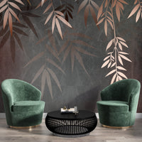 An architectural perspective of a contemporary executive lounge featuring the Sasa Leaves Mural in Shadow Gray as a full-scale feature wall. The mural’s dark, monochromatic tones pair elegantly with dark walnut furniture, brass metal accents, and textured charcoal upholstery, creating a bold and cultured interior sanctuary.