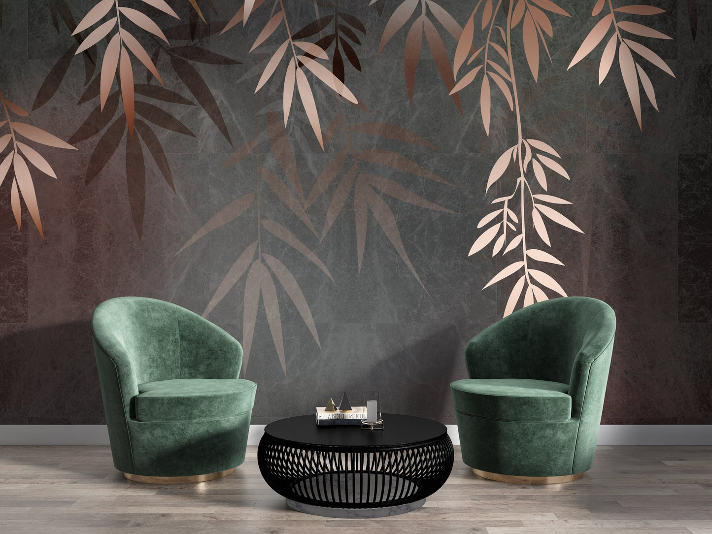 An architectural perspective of a contemporary executive lounge featuring the Sasa Leaves Mural in Shadow Gray as a full-scale feature wall. The mural’s dark, monochromatic tones pair elegantly with dark walnut furniture, brass metal accents, and textured charcoal upholstery, creating a bold and cultured interior sanctuary.