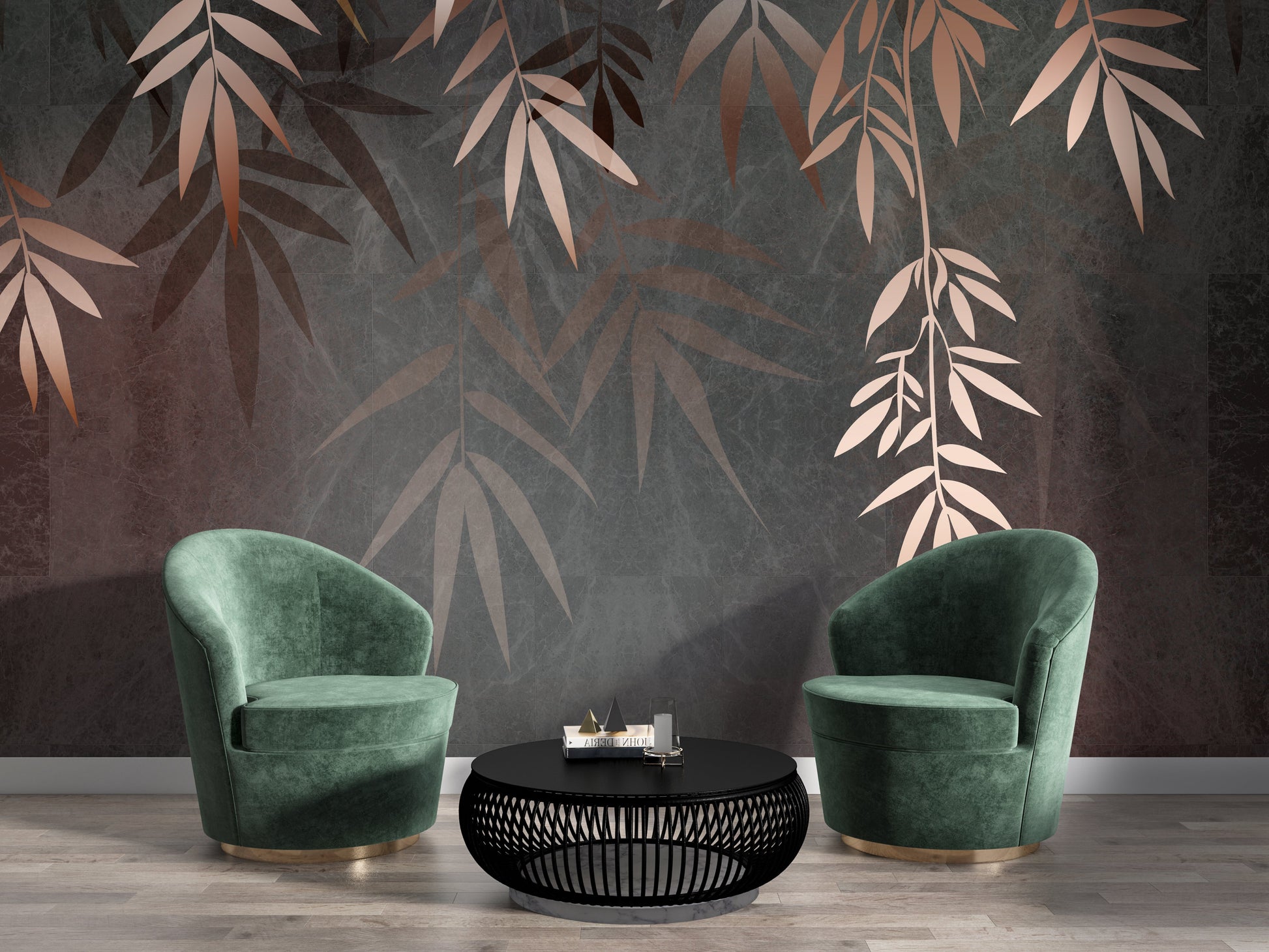 An architectural perspective of a contemporary executive lounge featuring the Sasa Leaves Mural in Shadow Gray as a full-scale feature wall. The mural’s dark, monochromatic tones pair elegantly with dark walnut furniture, brass metal accents, and textured charcoal upholstery, creating a bold and cultured interior sanctuary.