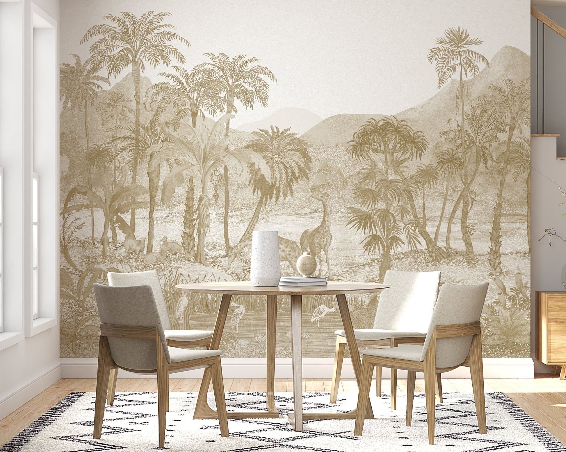 An architectural perspective of a refined interior featuring the Savanna Splendor Mural as a full-scale panoramic backdrop. The Muted Sepia colorway provides a warm, nostalgic atmosphere that harmonizes perfectly with natural wood furniture, leather accents, and brass hardware.