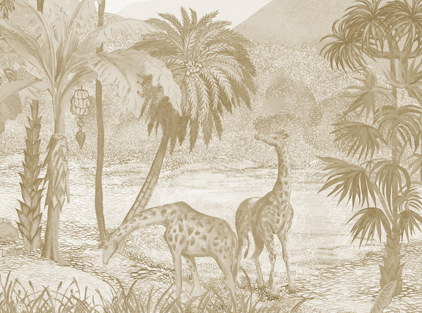 An architectural perspective of a refined interior featuring the Savanna Splendor Mural as a full-scale panoramic backdrop. The Muted Sepia colorway provides a warm, nostalgic atmosphere that harmonizes perfectly with natural wood furniture, leather accents, and brass hardware.