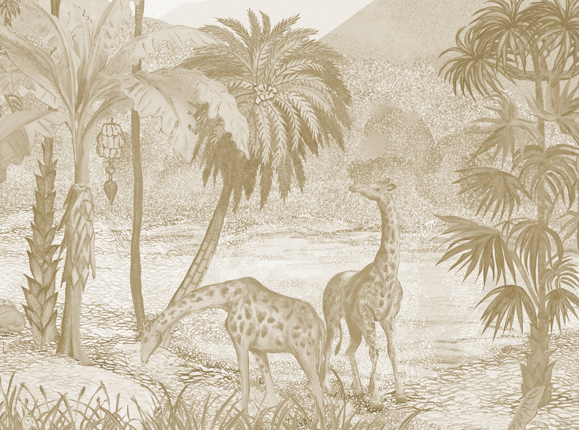 An architectural perspective of a refined interior featuring the Savanna Splendor Mural as a full-scale panoramic backdrop. The Muted Sepia colorway provides a warm, nostalgic atmosphere that harmonizes perfectly with natural wood furniture, leather accents, and brass hardware.