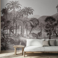 An architectural perspective of a modern bedroom featuring the Savanna Splendor Mural as a full-scale feature wall. The Smoked Oyster palette provides a neutral, atmospheric backdrop that adds depth and narrative interest while harmonizing with minimalist furniture and cool-toned linens.