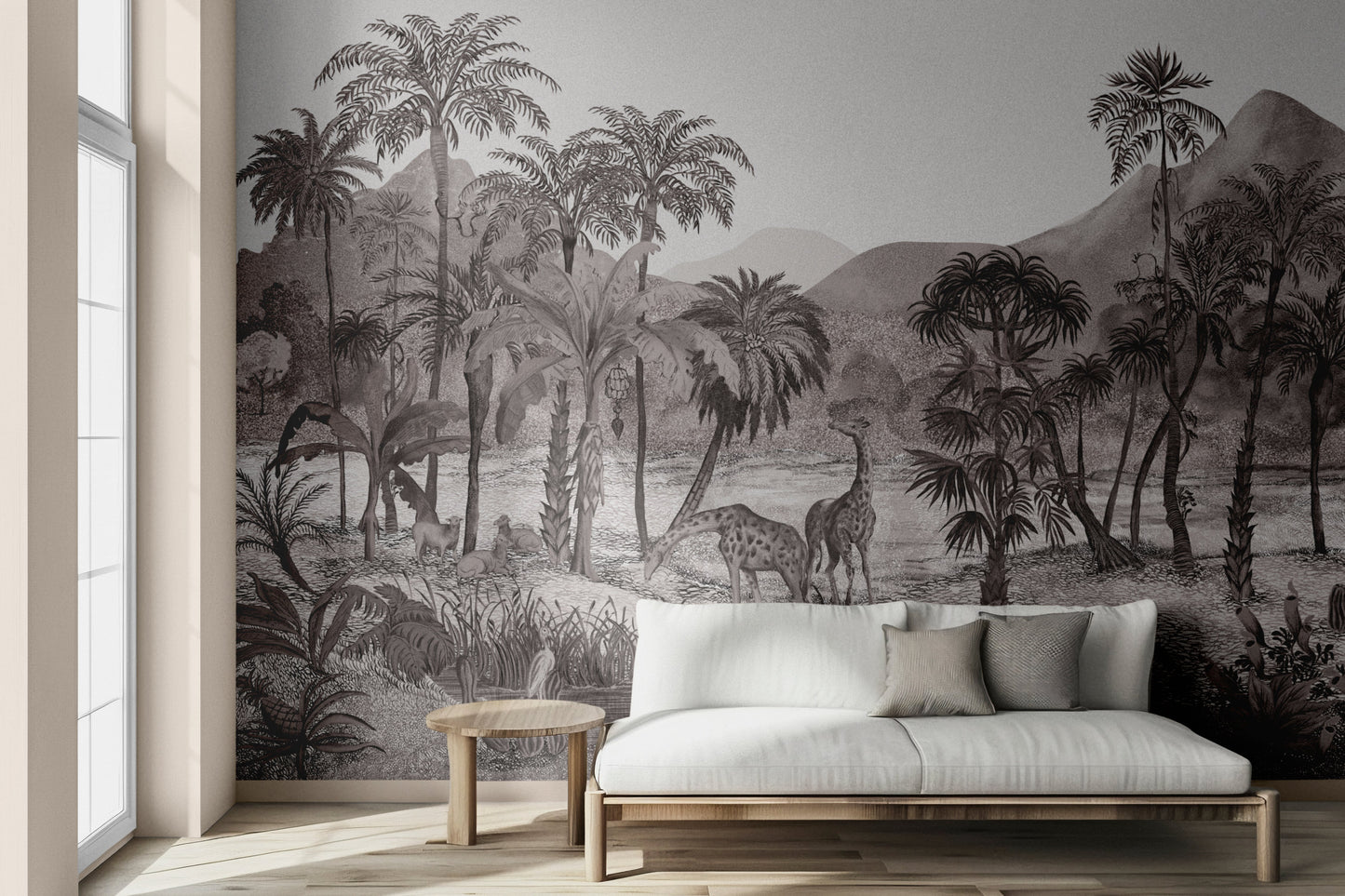 An architectural perspective of a modern bedroom featuring the Savanna Splendor Mural as a full-scale feature wall. The Smoked Oyster palette provides a neutral, atmospheric backdrop that adds depth and narrative interest while harmonizing with minimalist furniture and cool-toned linens.
