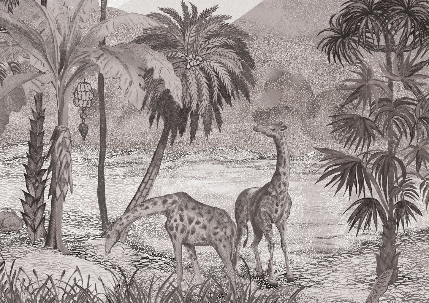 A high-resolution detail of the Savanna Splendor Tropical Wall Mural in Smoked Oyster, showcasing the fine linework of the palm fronds and the graceful silhouettes of giraffes. The image highlights the sophisticated tonal shifts of charcoal, smoke, and soft taupe that define the illustrative landscape.